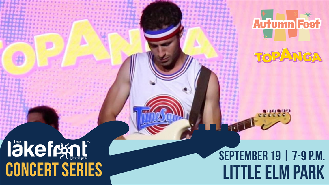 A musician plays an electric guitar on stage, wearing a colorful headband. The background displays the words 