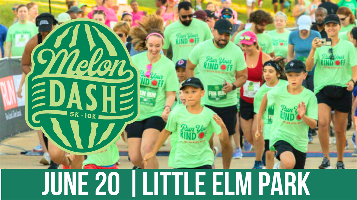 A diverse group of people participating in the Melon Dash 5K and 10K fun run at Little Elm Park. They're wearing matching green event T-shirts. The image features a prominent Melon Dash logo and the date, June 20, at the bottom.
